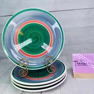 Vintage Furio Green Center Circle Pink Blue Italy Stoneware Dinner Plates Set 4